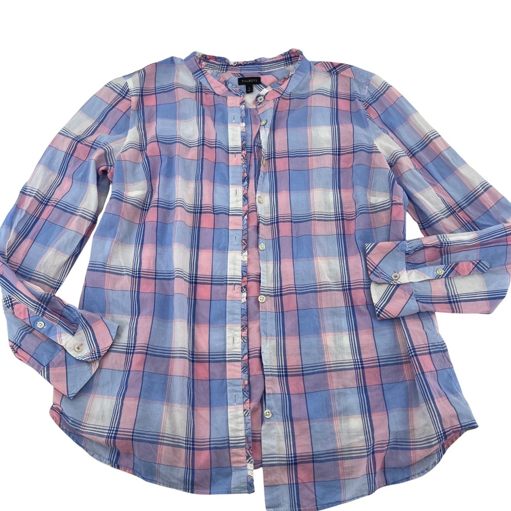 Talbots Womens Blue Pink Plaid Ruffle Trim lightweight Button Down Shirt Large